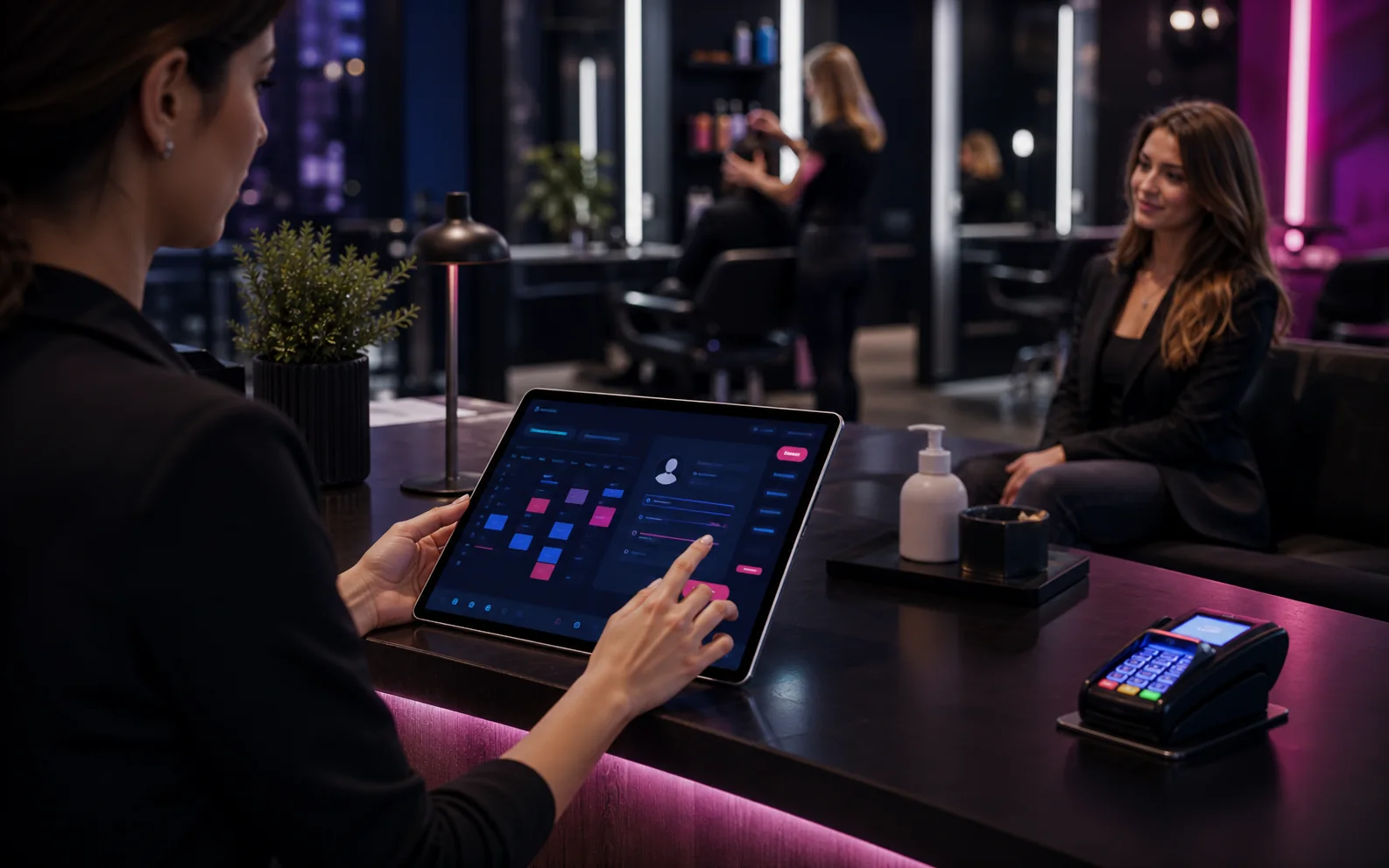 Salon booking CRM and payment workflow at a service desk