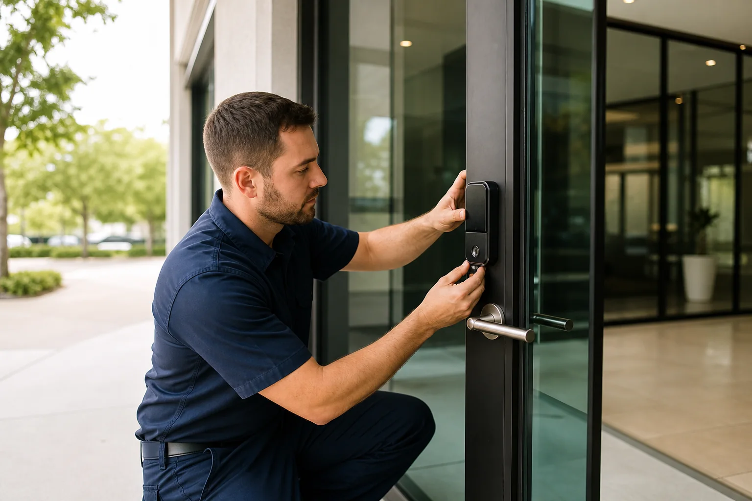 Authorized technician installing a smart lock on a modern office door