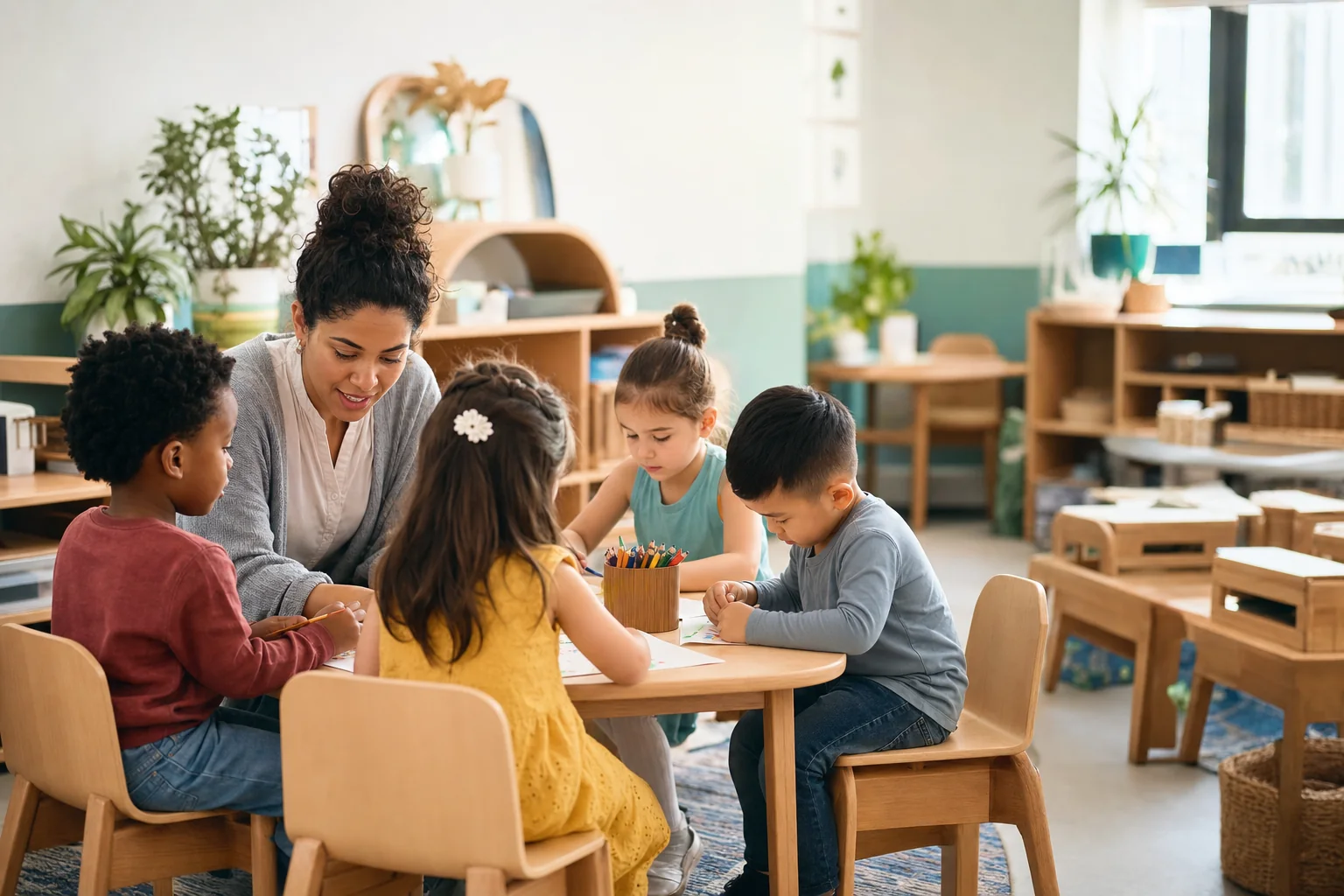 Educator guiding children in a bright organized childcare classroom