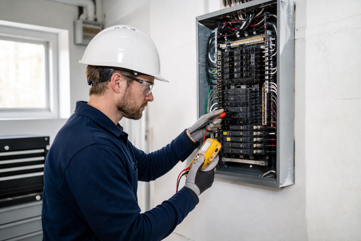 Electrician safely inspecting a residential electrical panel