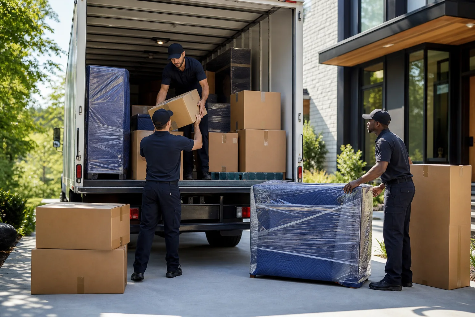 Professional moving crew loading protected furniture and boxes