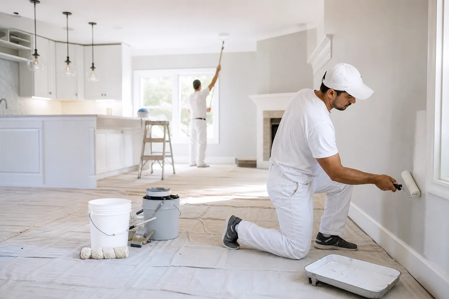 Professional painting crew working in a bright residential interior