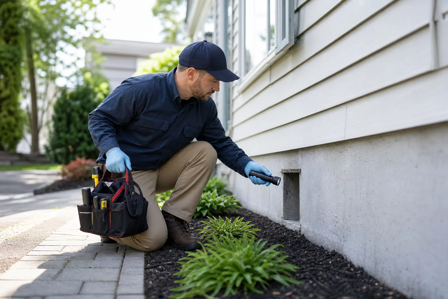 Pest control technician inspecting a residential foundation