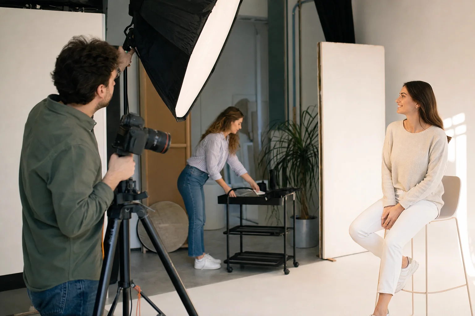 Professional photographer preparing a bright portrait studio session
