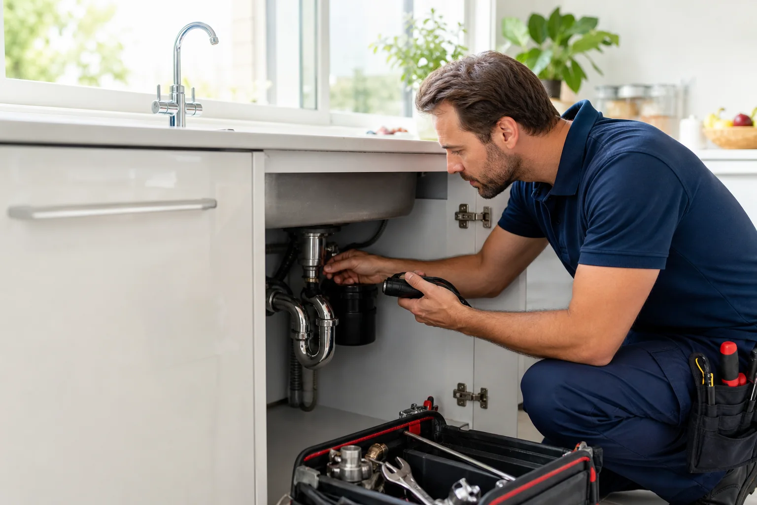 Professional plumber diagnosing a residential sink and pipe system