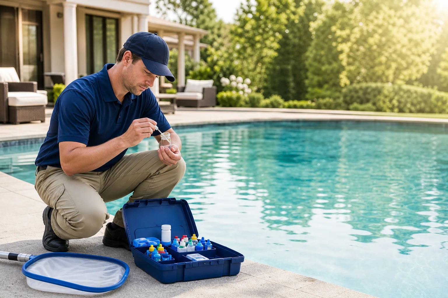 Pool technician testing water quality beside a residential pool