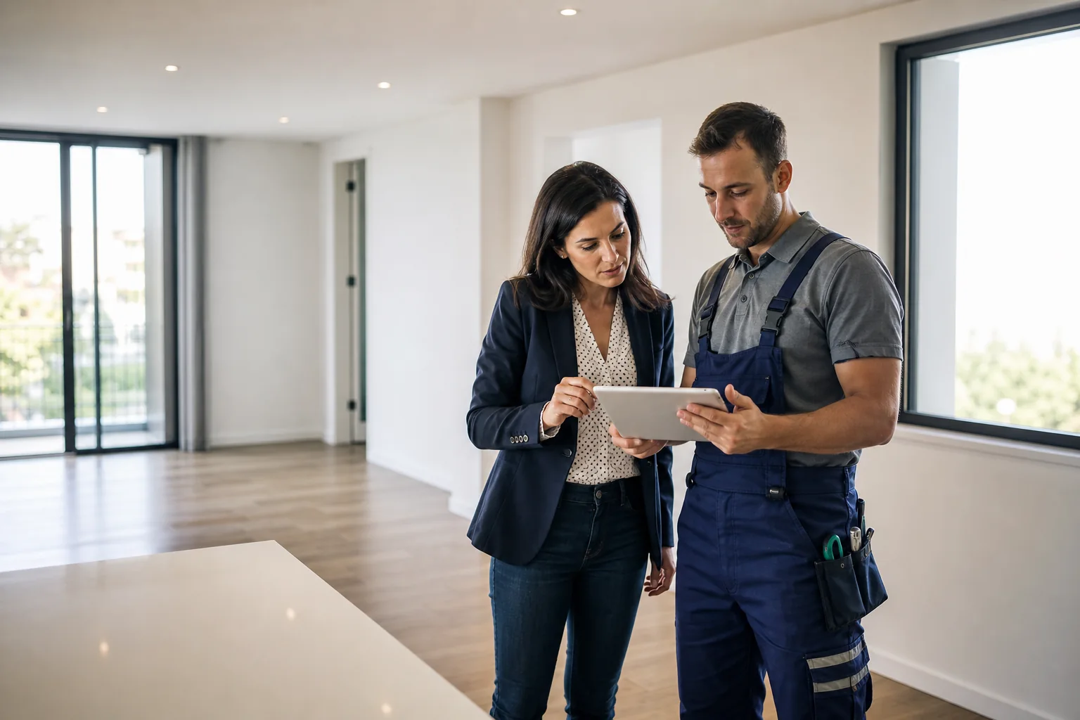 Property manager and maintenance specialist inspecting an apartment