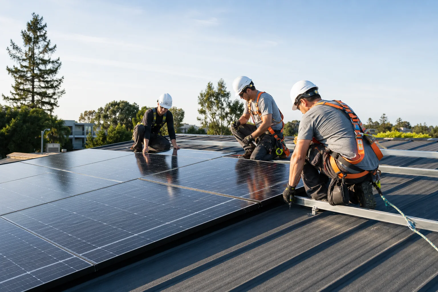 Solar installation crew safely working on a modern roof