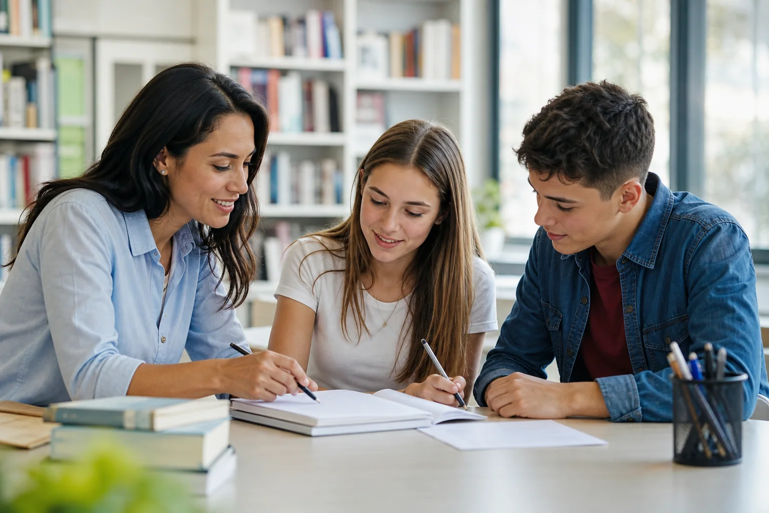 Tutor supporting two students in a bright learning center