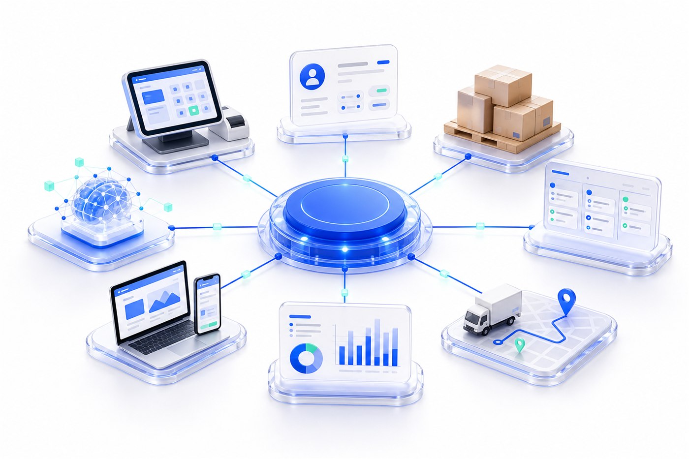 Единое операционное ядро SABSUS связывает POS, CRM, склад, команду, доставку, финансы, сайт, приложение и AI