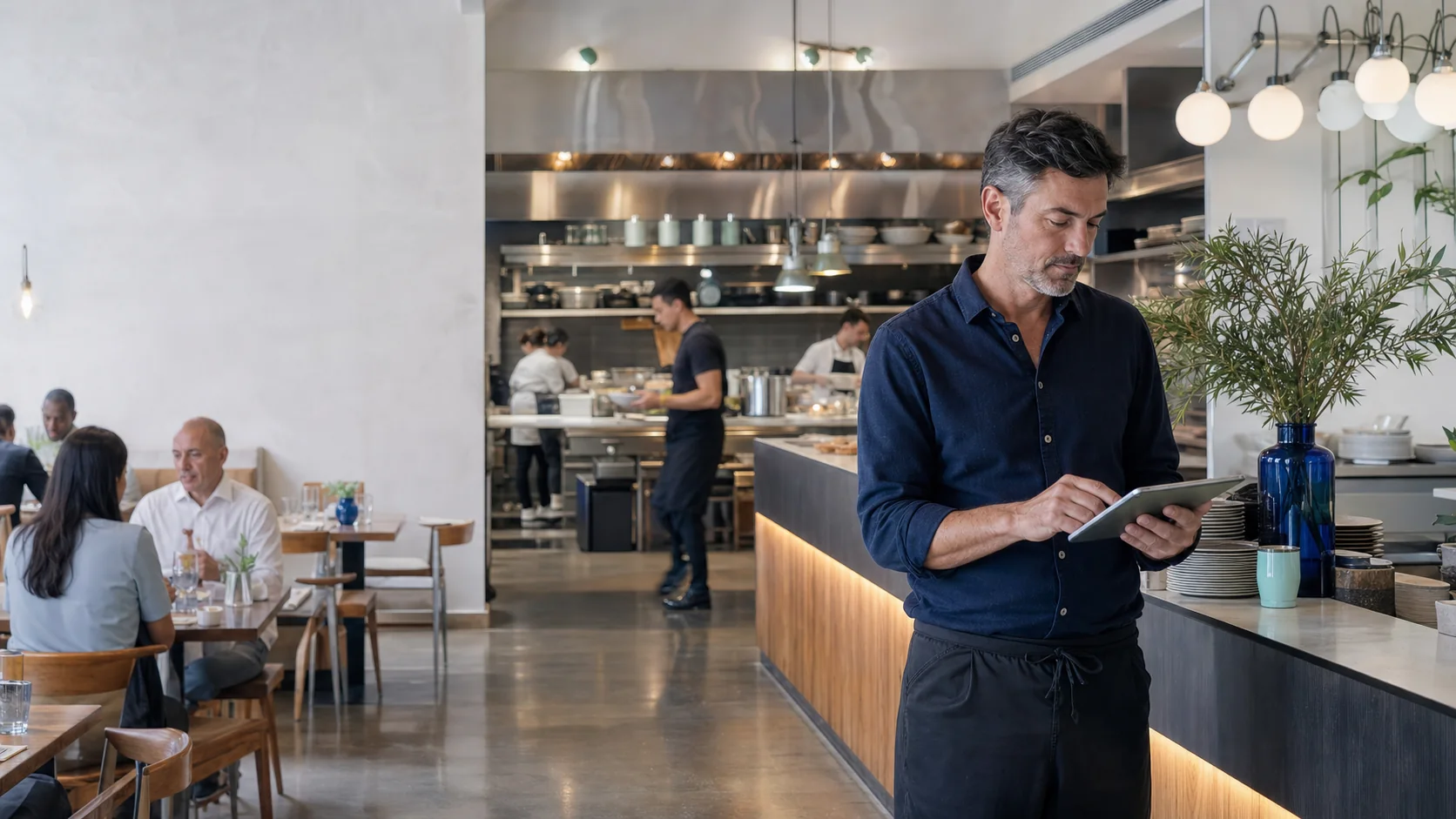 Restaurant team coordinating service from guest order to kitchen