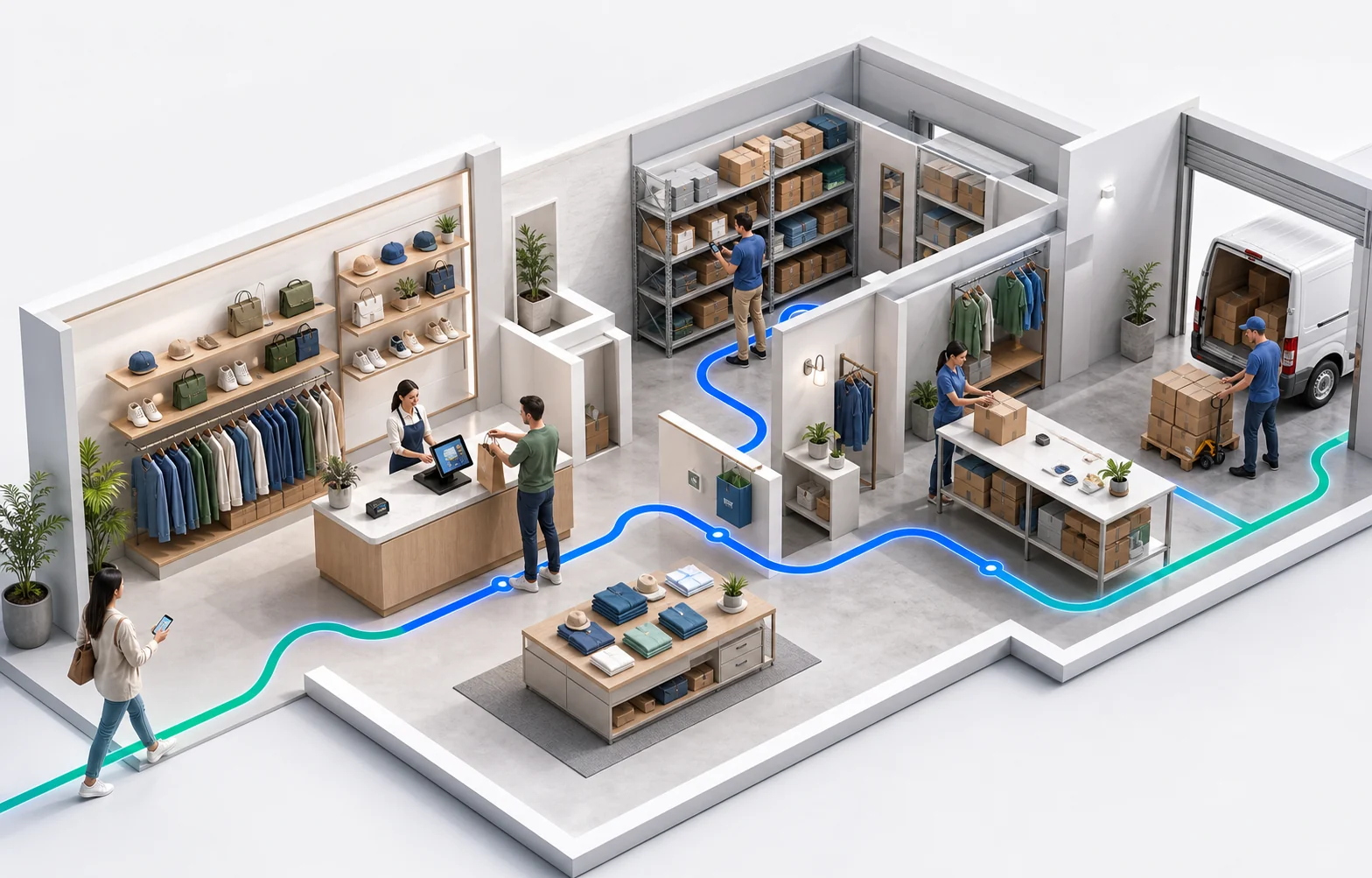 Retail store where POS, inventory, receiving, online orders and loyalty are connected in one operation