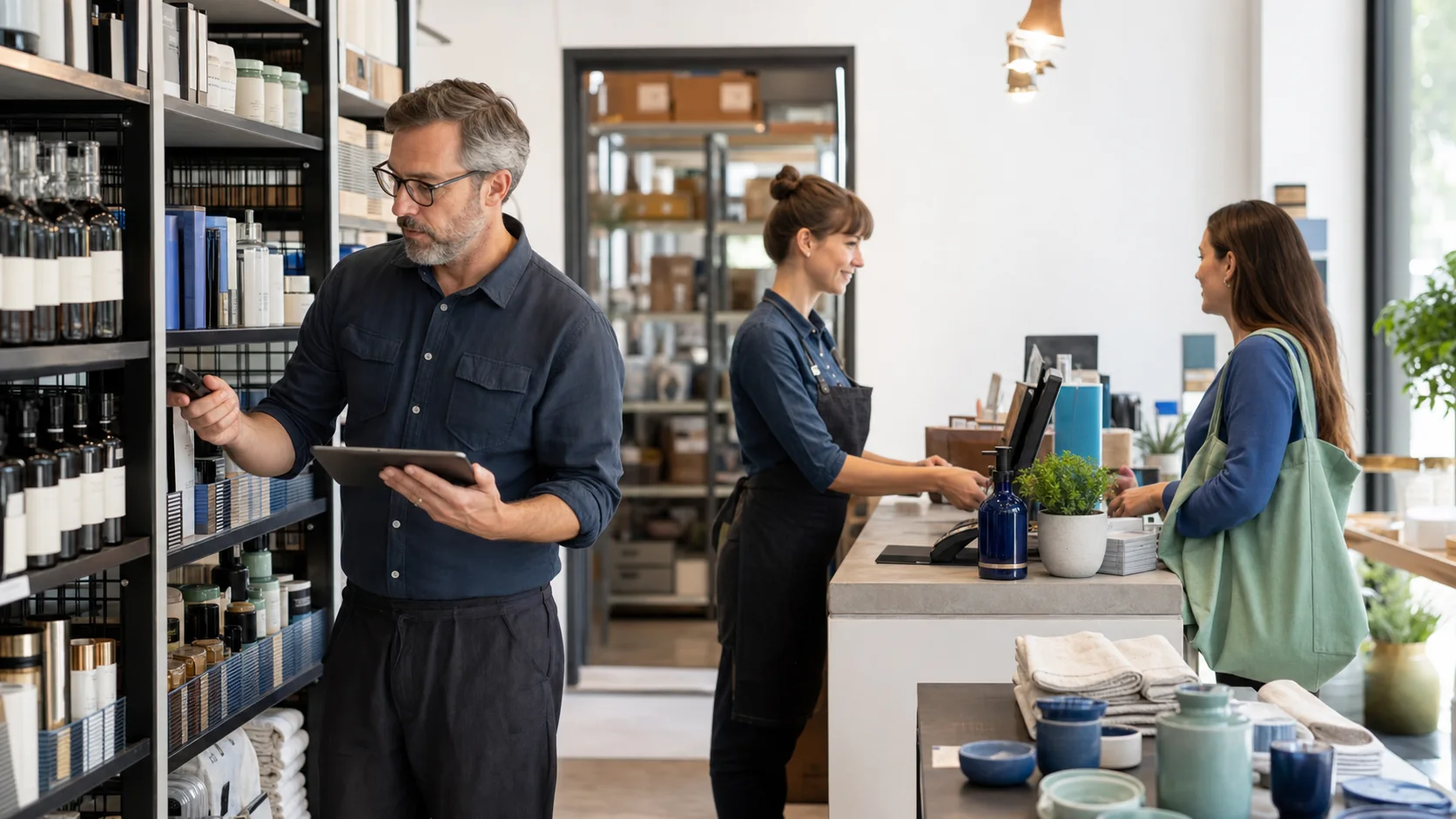Retail team checking inventory while serving a customer