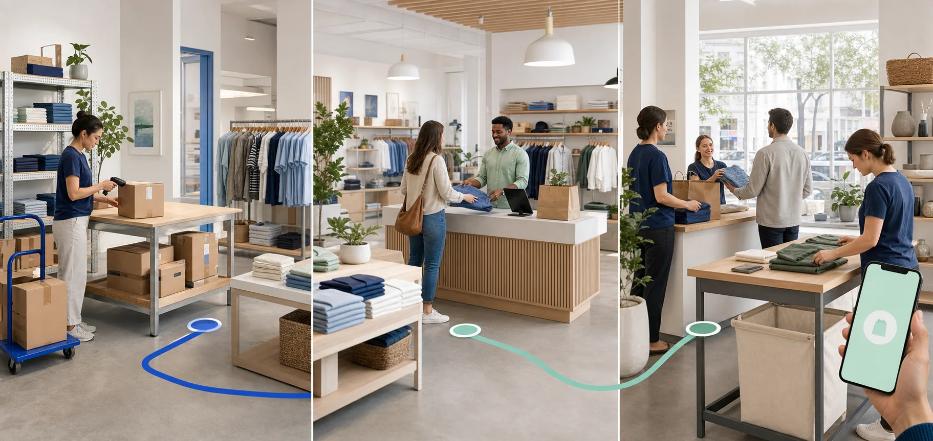 Receiving, checkout, pickup and return connected inside one retail operation