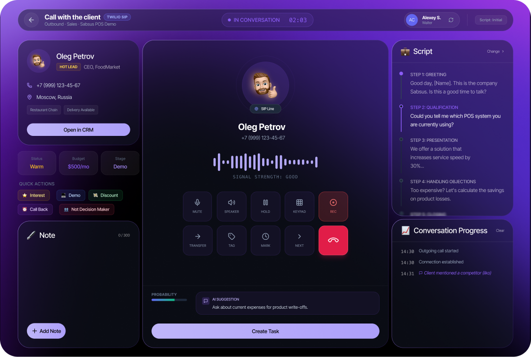 Интерфейс звонка SABSUS с CRM-карточкой клиента, сценарием, заметками и действиями