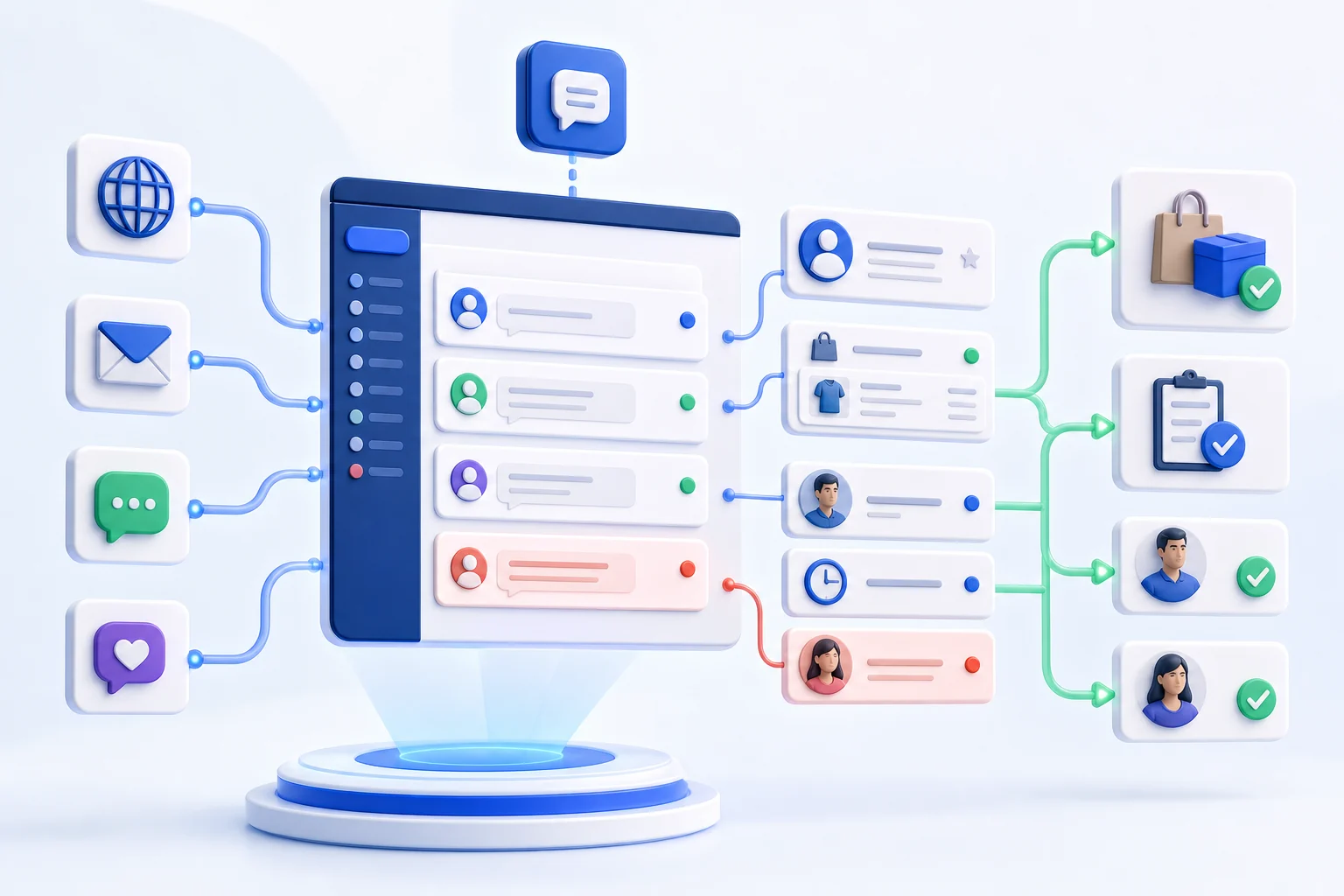 Сообщения из сайта, email, мобильных каналов и соцсетей объединяются с клиентом, заказом, владельцем и сроком ответа